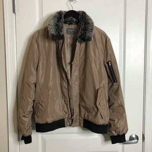 Brown Bomber Jacket with Fur Collar